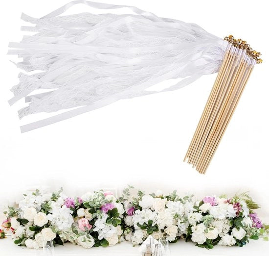 Sfere di benedizione con nastri e cinture nuziali - 12 pezzi di slancio con bastoncini in legno per matrimoni - contenuto HTML.