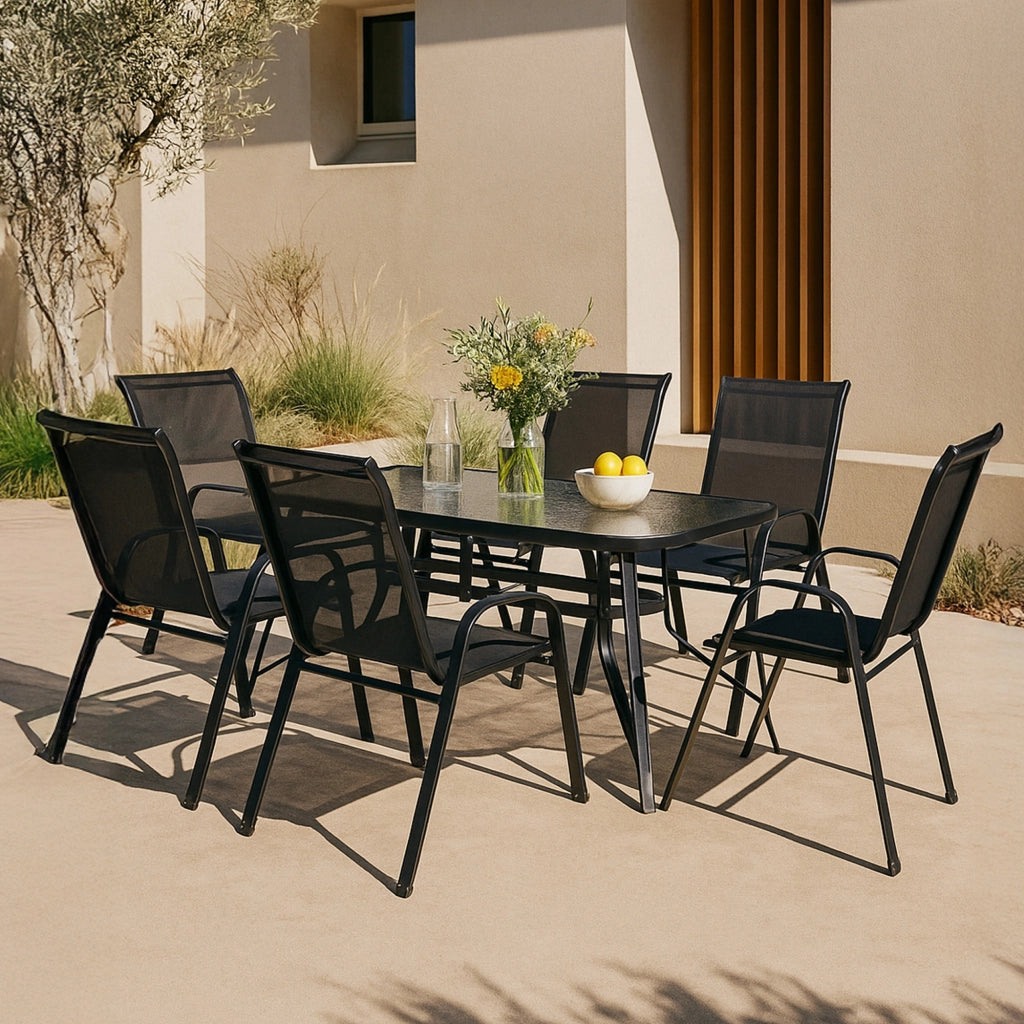 Set di Mobili da Giardino Aradeo Tavolo con Piano in Vetro e 6 Sedie Impilabili - Nero casa.pro
