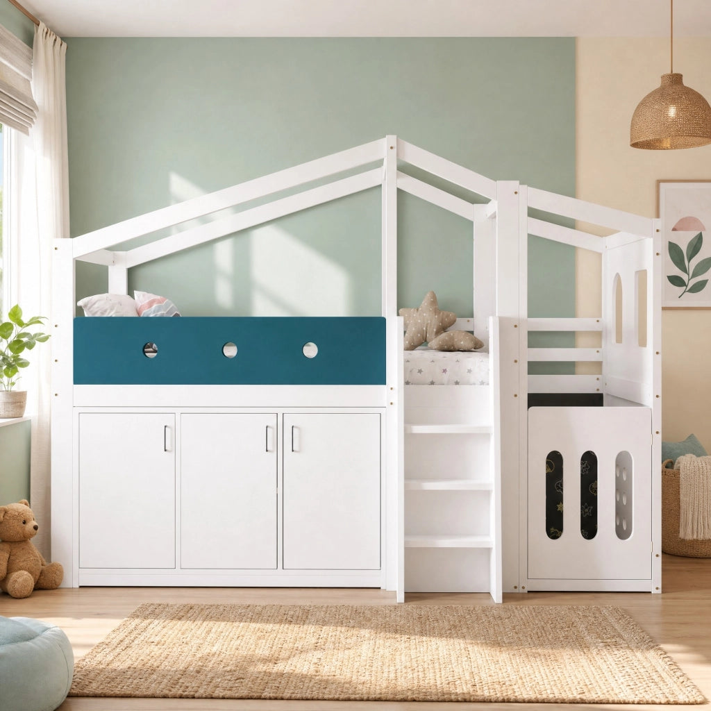 Letto a Soppalco 90 x 200 cm - Casetta; Armadio Contenitore e Scala - Bianco