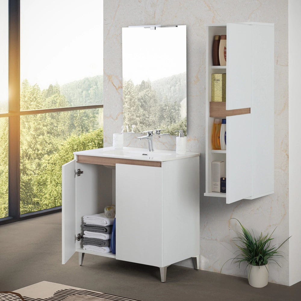 Mobile bagno a terra 80 cm bianco e rovere con 2 ante soft-close Kleo
