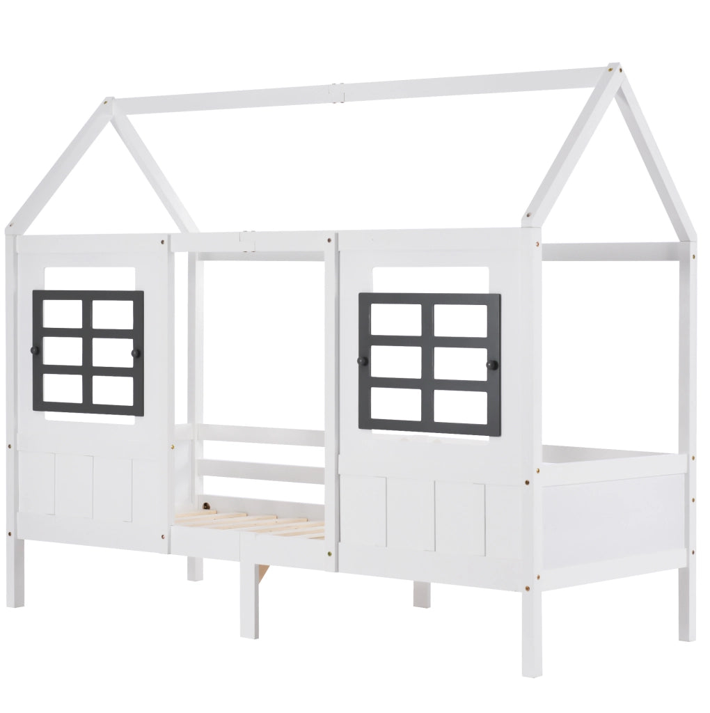 Letto casa con due cassetti e finestre, bianco