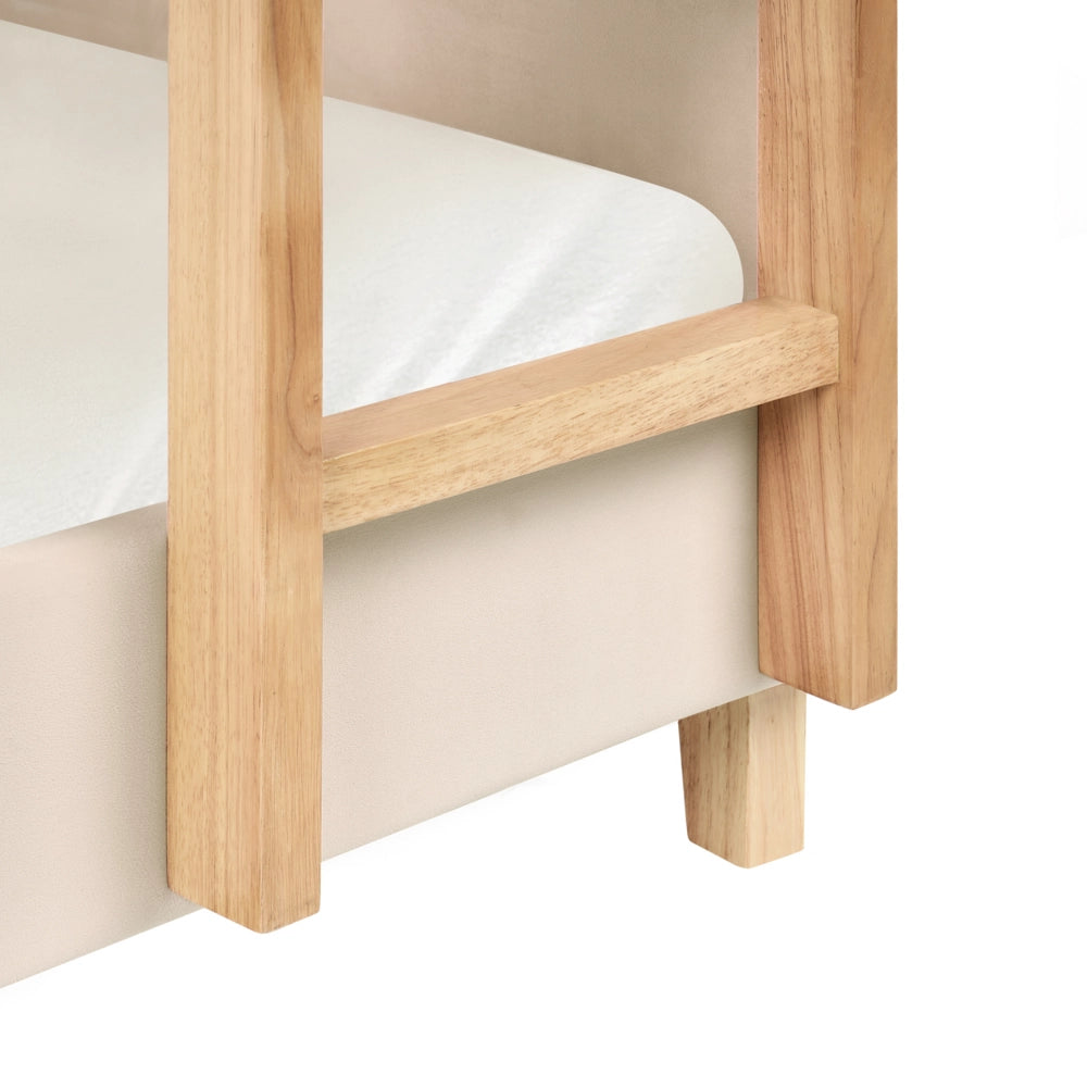 Letto a castello 3 piedi per bambini alto imbottito in velluto e scaletta in in legno di pioppo beige chiaro 90x200 cm cameretta