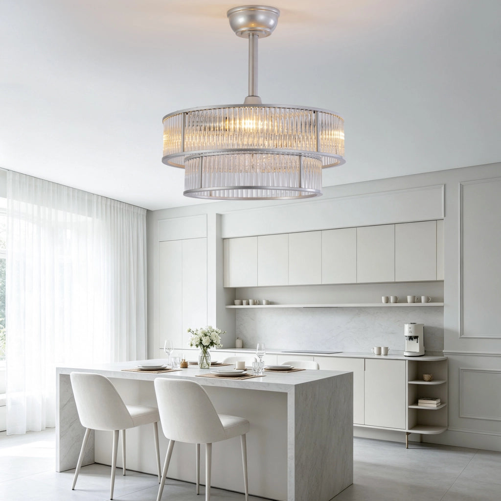 VENTILATORE da soffitto con luce, cristalli e 6 velocità Argento
