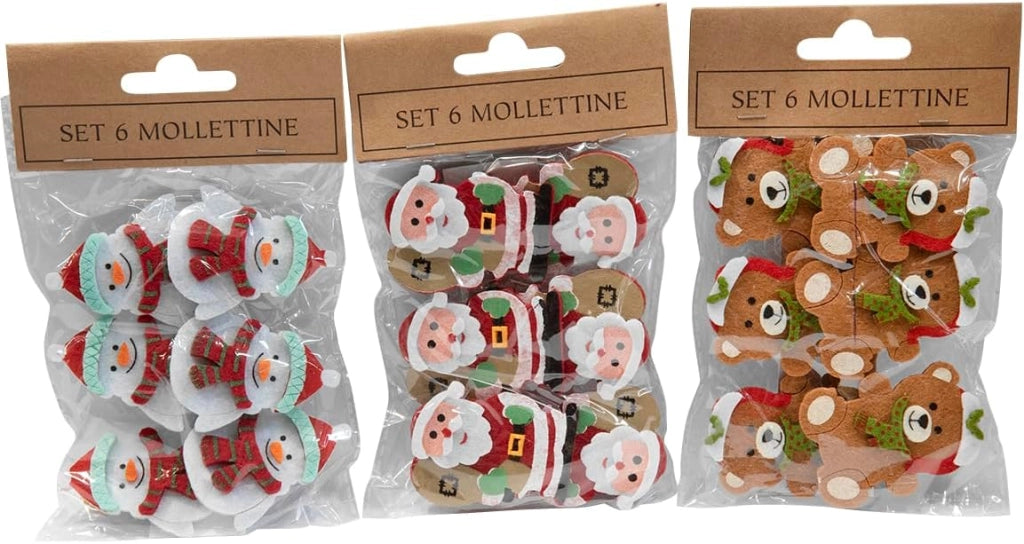 Set 24 Clip Natalizie in Legno – Babbo Natale, Pupazzo di Neve e Orso – 6 Pezzi per Design