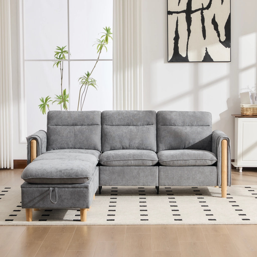 Divano ad angolo reversibile a 3 posti con contenitore e tasche laterali in Chenille Grigio chiaro
