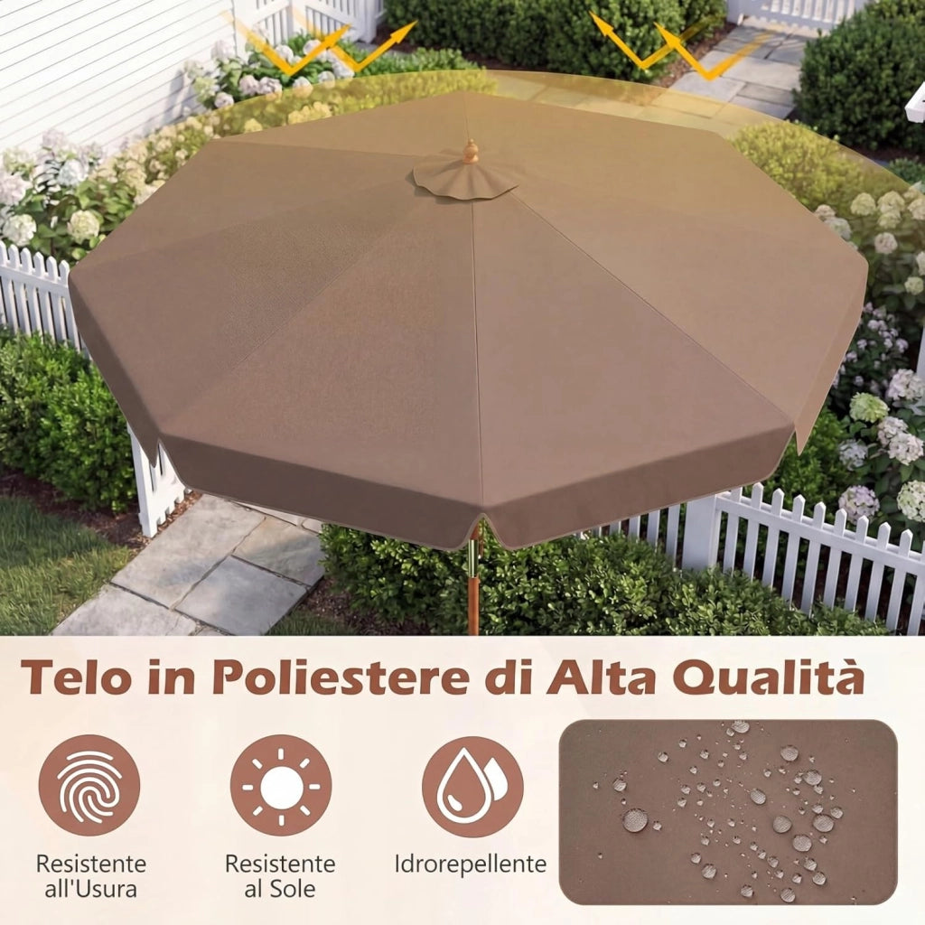 Ombrellone da Giardino 300 cm, con Inclinazione Regolabile, 8 Stecche, Ombrellone Spiaggia con Sollevamento a Carrucola, per Giardino, Spiaggia, Piscina (Marrone)