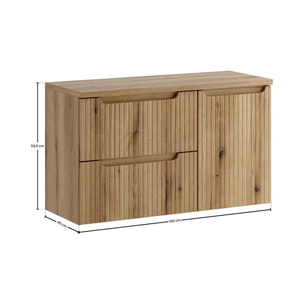 Set da bagno VANO in rovere chiaro 100cm: mobile sotto lavabo con cassetti e cesto per la biancheria integrato + piano per lavabo.