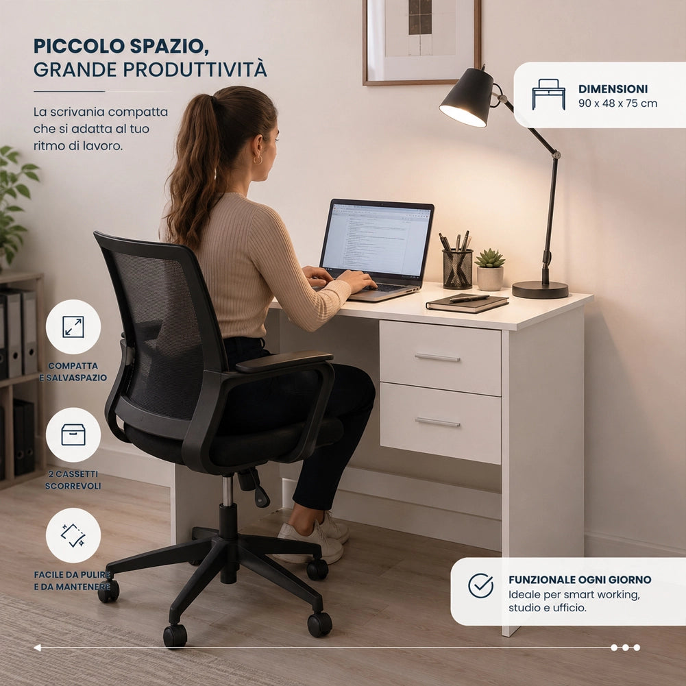Scrivania da Ufficio Bianca Porta PC da Casa con Cassetti 90x48x75cm Salvaspazio