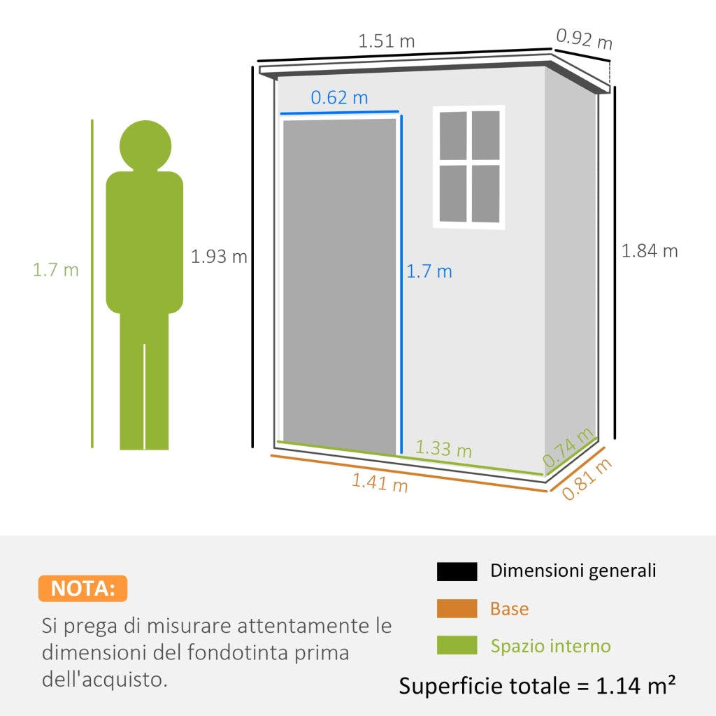 Casetta da Giardino Porta Attrezzi 151x92x193/184 cm con Porta Bloccabile Finestra e Presa d'Aria Grigio