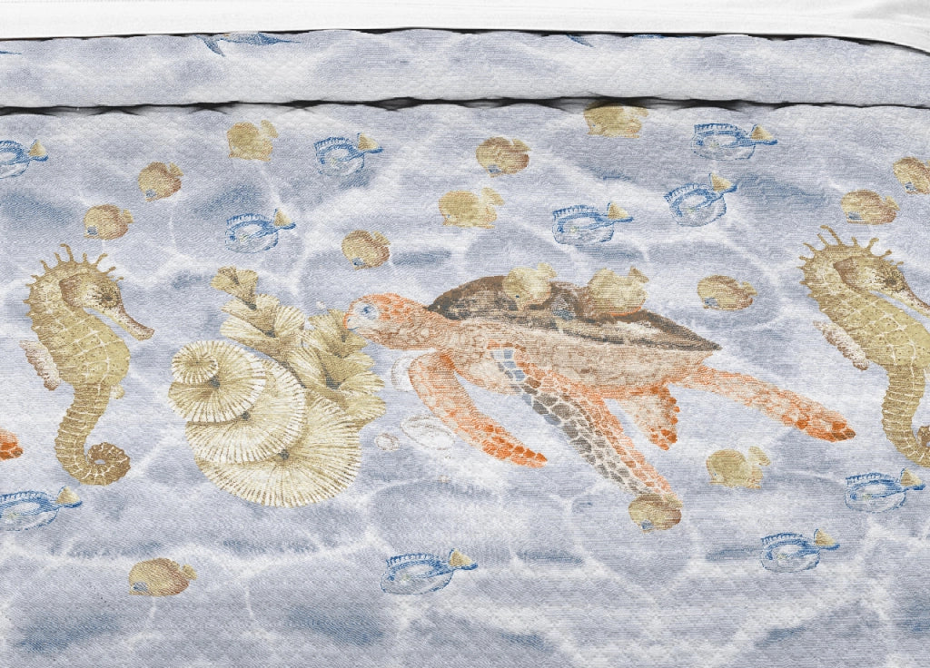 Copriletto Piquet Primavera Estate 100% Cotone Disegno Sea Life - Matrimoniale - Naturale