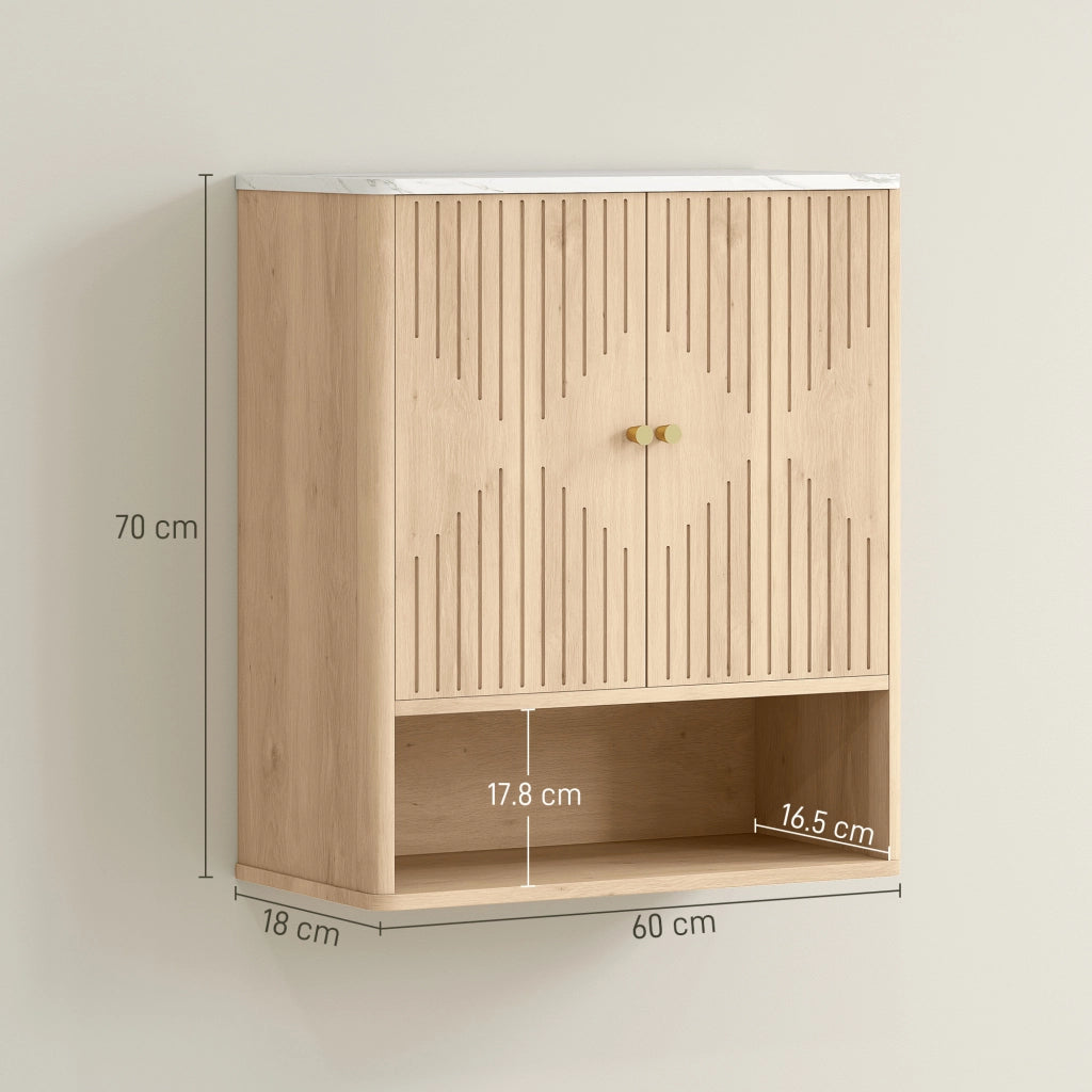 Armadietto Bagno a Parete con Ripiano Aperto e Ante Decorate. Piano Effetto Marmo. 60x18x70 cm. Rovere