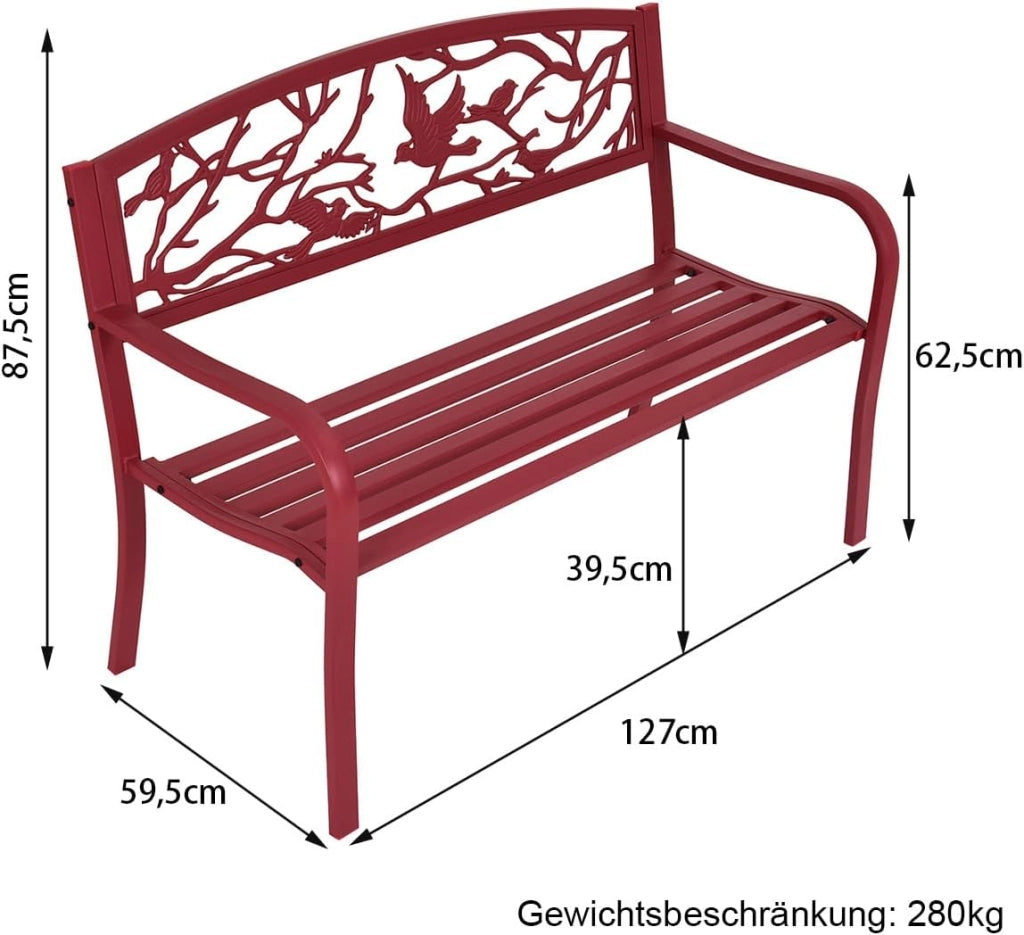 Panchina da Giardino a 2 Posti con Braccioli e Schienale Panchina in Ferro da Esterno， da Parco Terrazzo, 123x60x88 cm, Rosso
