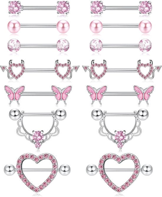 Tepelpiercing 7 Paar - Acciaio Chirurgico - Ipoadipogeno - Disegni Vari - Inserzione AAA+CZ - Comfortevole e Liscio - Piercing