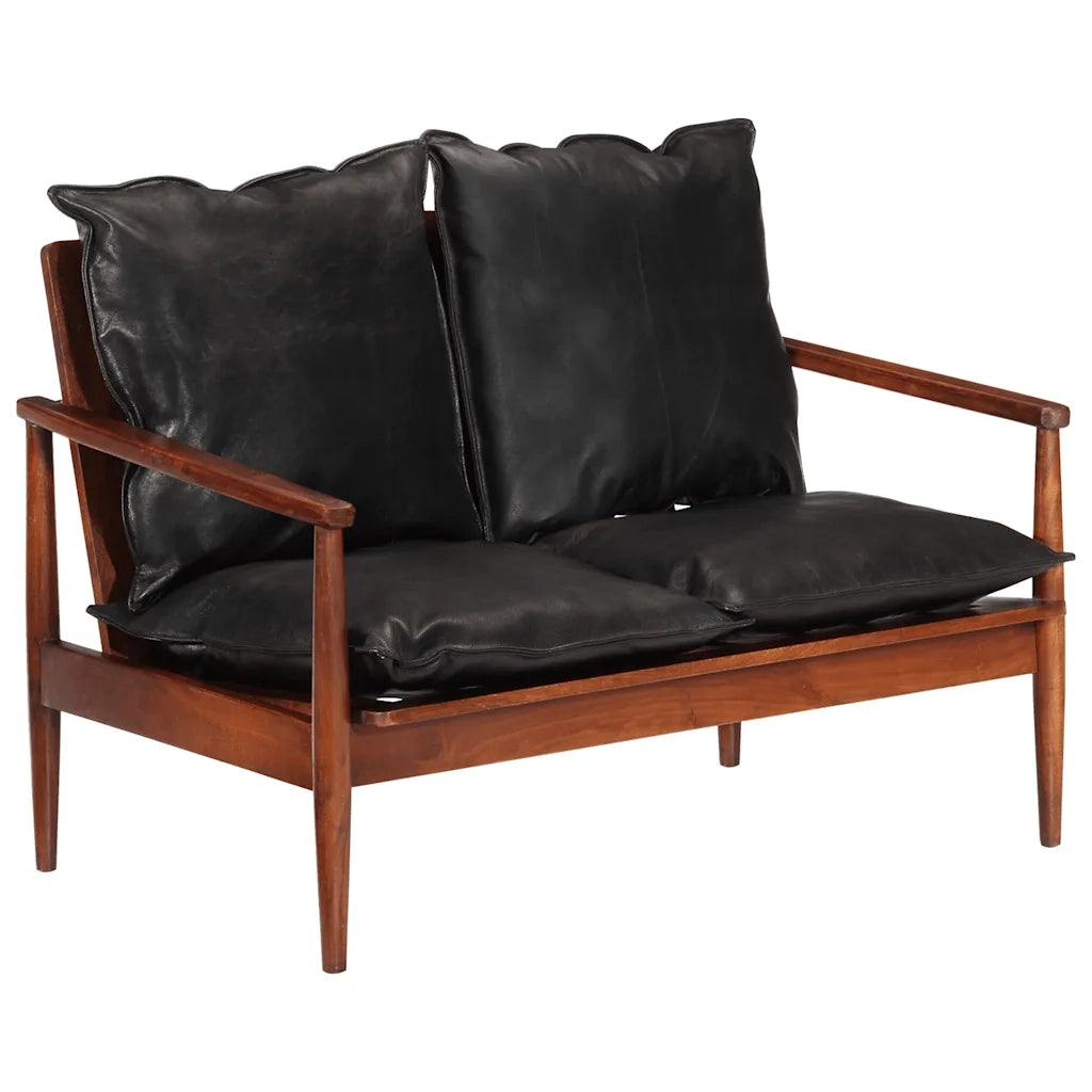 Divano 2 Posti Nero Vera Pelle e Legno Massello Acacia cod mxl 77331