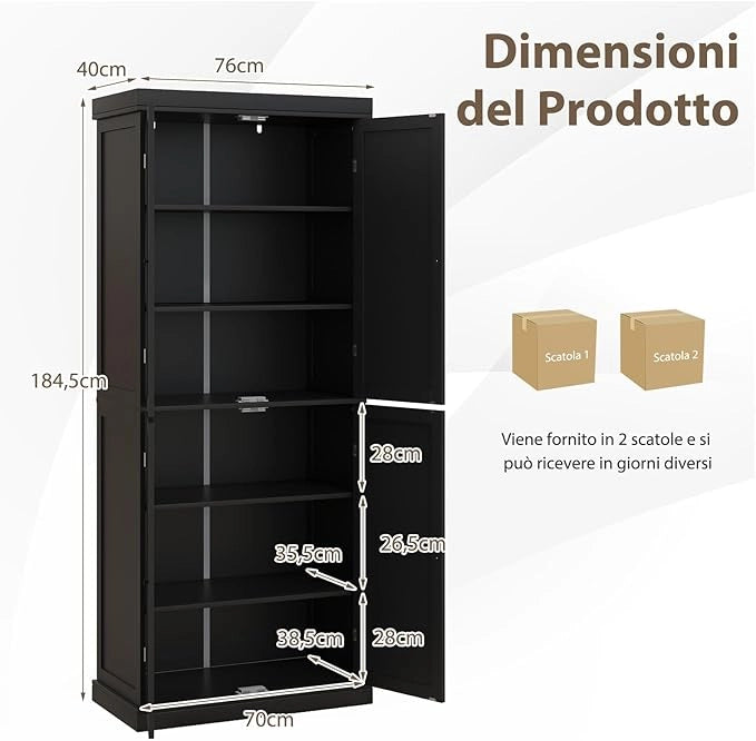 Credenza da Cucina, Mobile da Cucina Moderno con 6 Ripiani, 2 Ripiani Regolabili, per Cucina, Sala da Pranzo e Soggiorno, 76 x 40 x 184,5 cm (Nero)