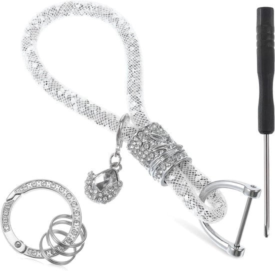 Sleutelhanger Decorativo con Strass Glitter Autoclose con Cristalli per Donne - per Auto Borse Tote (Argento Bianco) - Unico Modello - Argento - Unico Modello.