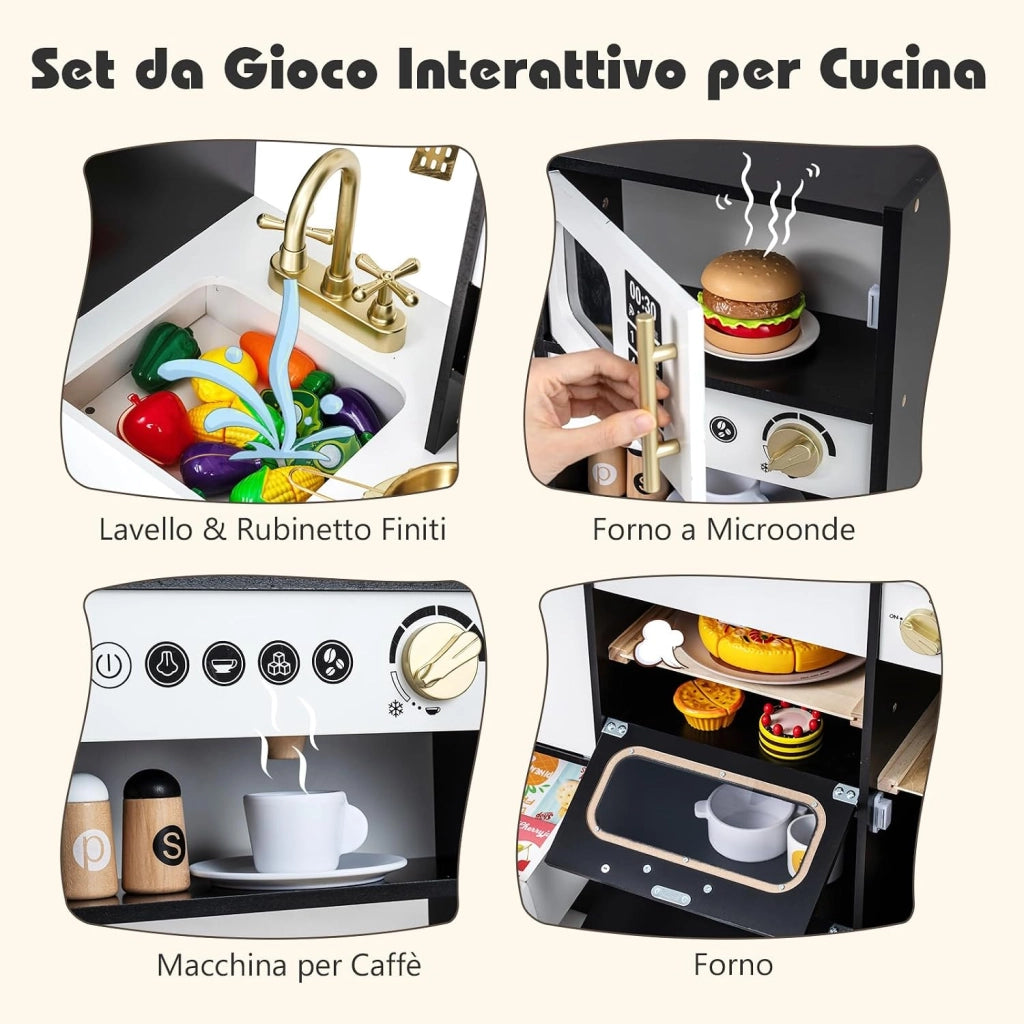 Cucina Giocattolo per Bambini, Set Cucinetta in Legno con Luci e Suoni Realistici, Fornelli, Lavello, Rubinetto, Forno, Microonde, Macchina del Caffè, Gioco di Finzione Chef per Bambini 3+
