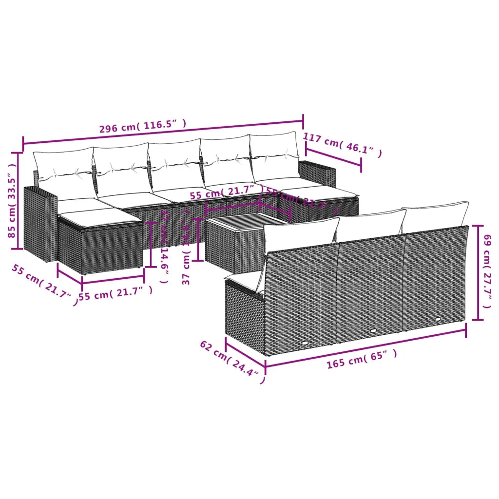 Set Divani da Giardino 11 pz con Cuscini Beige in Polyrattan