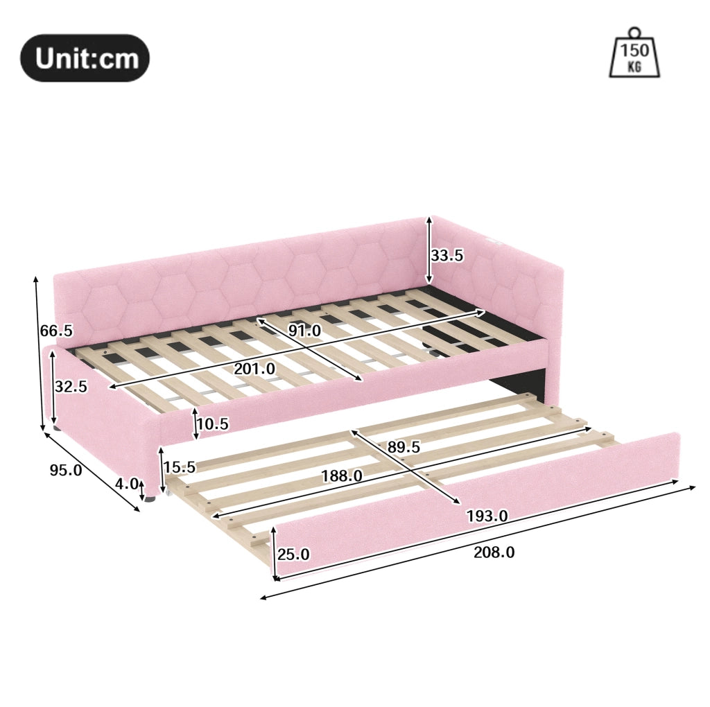 Letto singolo rosa 90x200 cm con letto estraibile, USB/Type-C e lampada