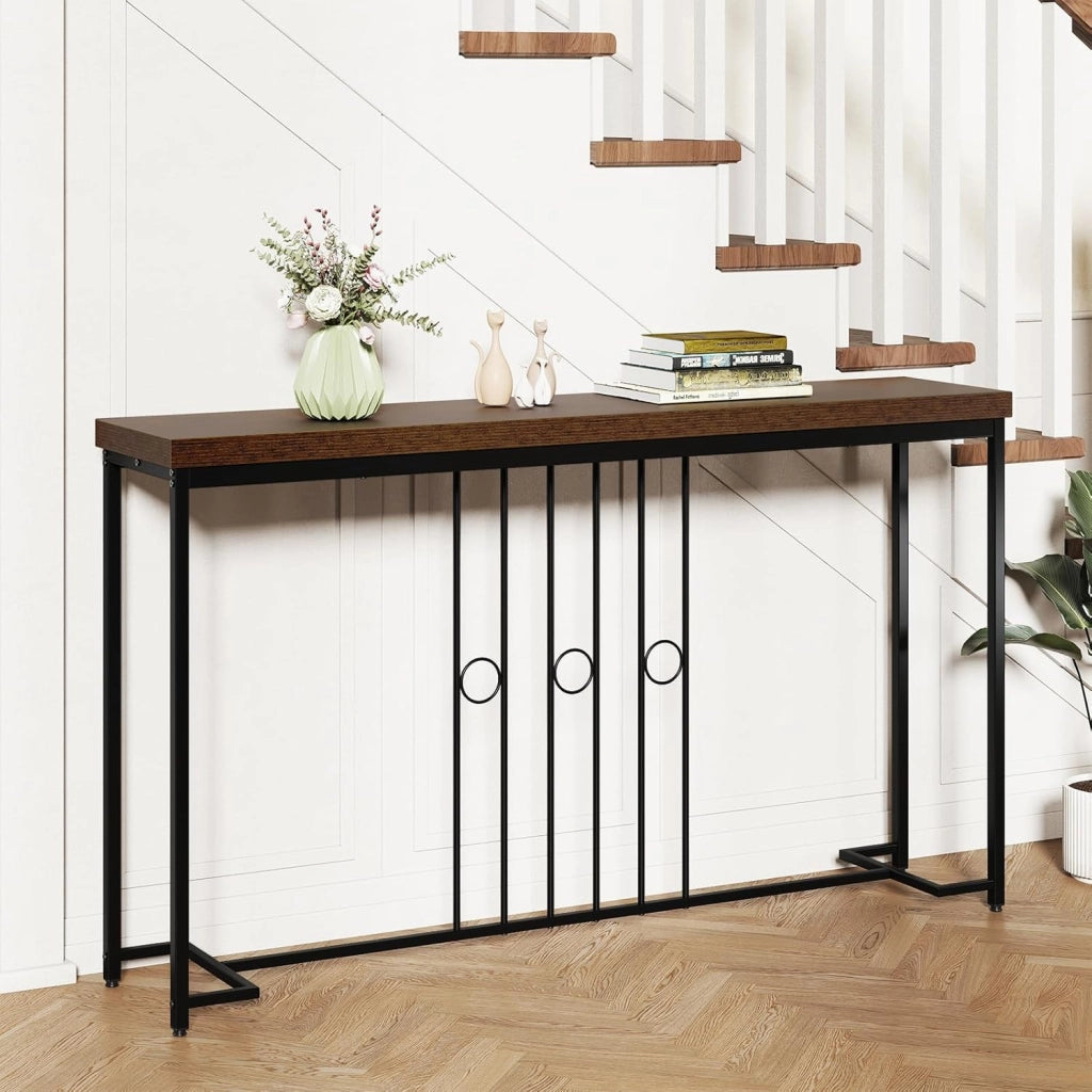 Tavolo Consolle da Ingresso, 140 cm Tavolino da Divano con Gambe in Metallo e Base a Forma di H, Consolle Stretta e Salvaspazio per Soggiorno, Corridoio, Balcone e Ufficio, Nero e Marrone