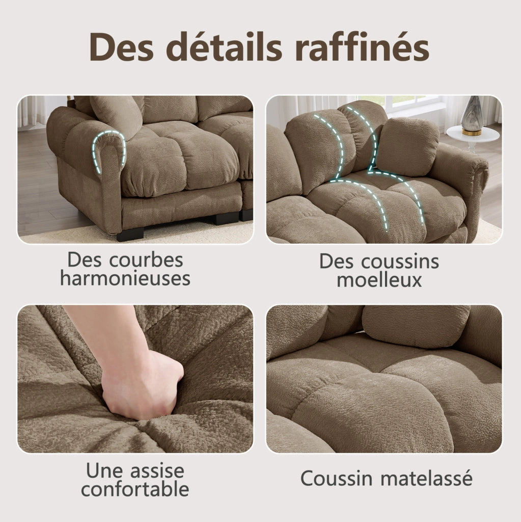 Divano angolare a L 4 posti in tessuto chenille marrone con pouf modulare