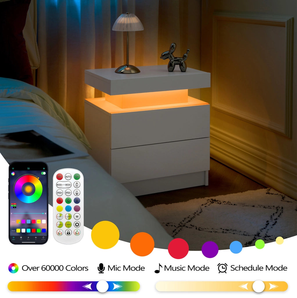 Comodino ULEVR bianco con 2 cassetti, vano aperto e luci LED multicolore regolabili
