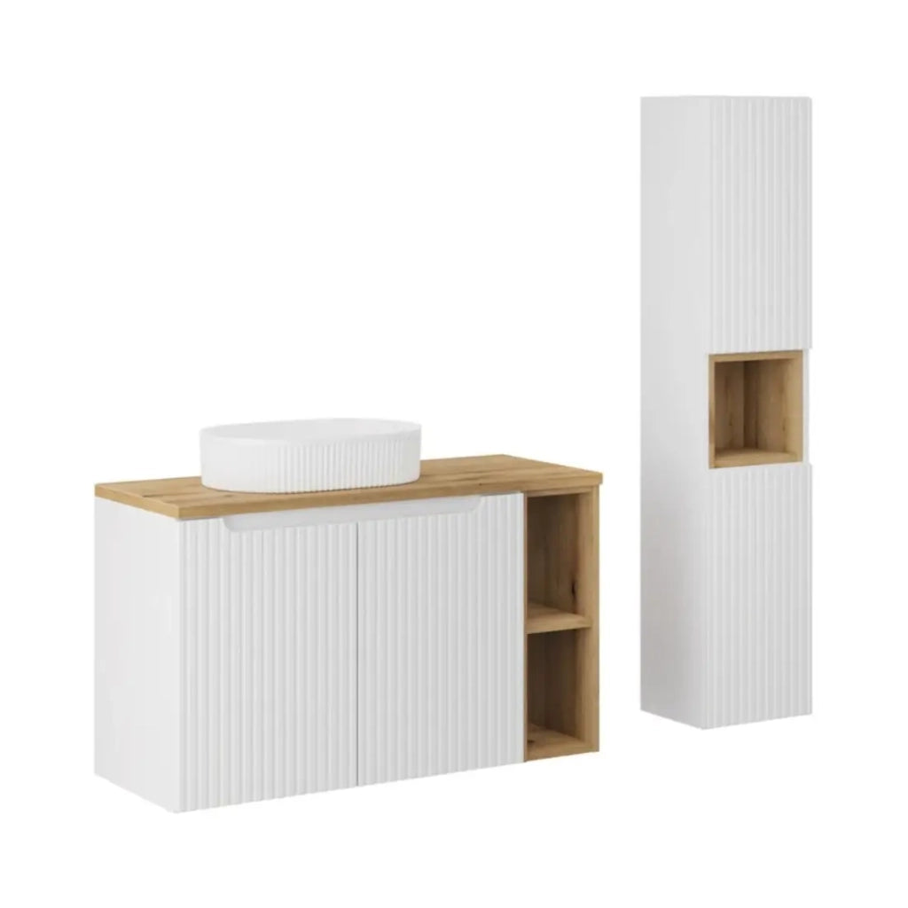Set VANO bianco 130cm: mobile sottolavabo con armadietti e nicchie a vista + lavabo da appoggio bianco scanalato + colonna