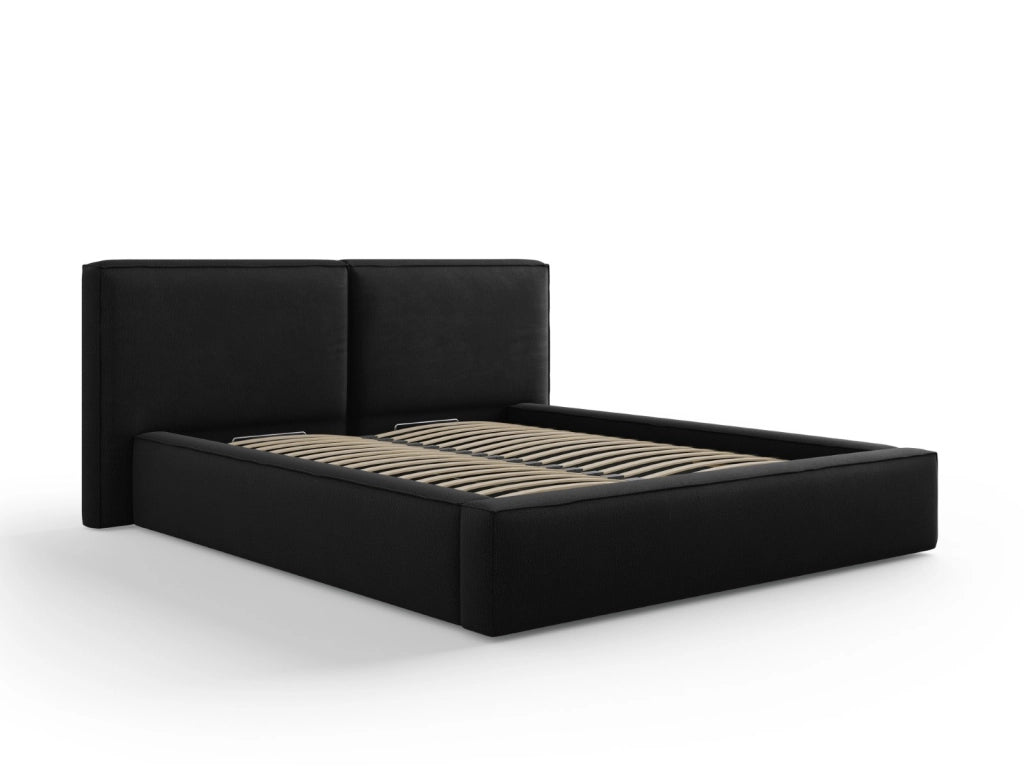 Cosmopolitan Design - Letto a cassettone con testiera doppia "Arendal" 160x200cm in tessuto strutturato nero 