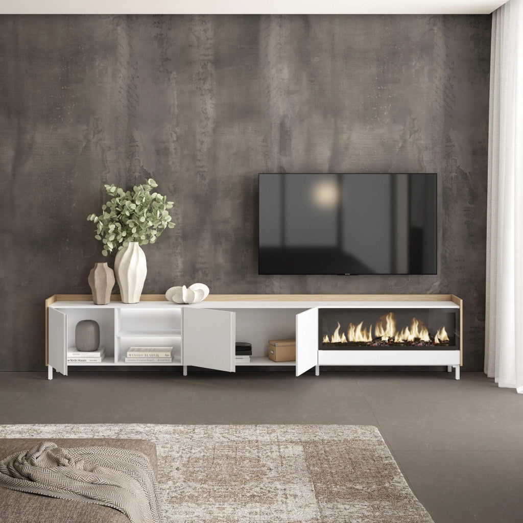 Mobile TV Soggiorno, 315x61x35 cm, Per TV fino a 80", Camino elettrico XXL, Design industriale, LED, Bianco e Rovere soft