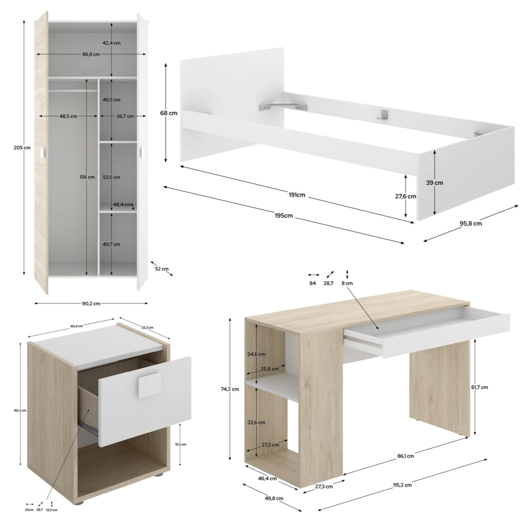 Winnemu, Composizione Camera da Letto 2 Cassetti, 195x96x68h cm Bianco