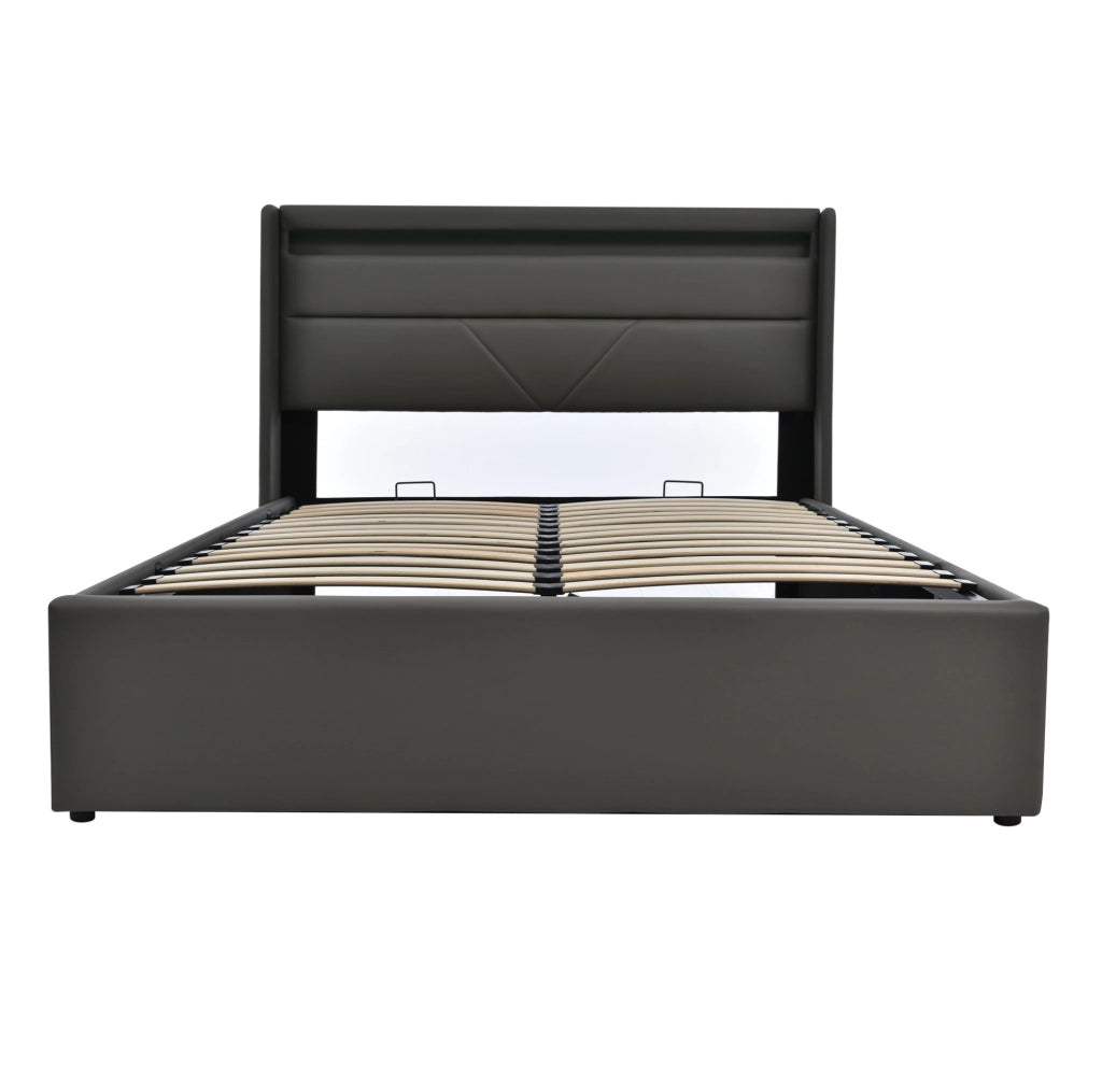 Letto matrimoniale contenitore 140x200 cm in PU grigio con testiera LED e rete sollevabile
