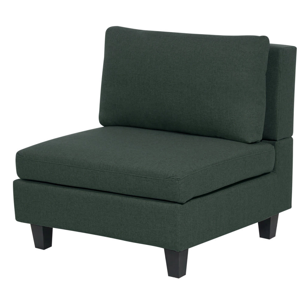 Divano componibile a 5 posti imbottito lato sinistro in tessuto verde scuro con gambe nere e pouf stile moderno