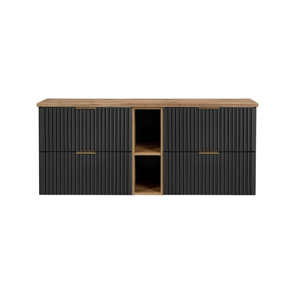 Insieme mobile sotto lavabo NOXERA 140 cm – Nero opaco e rovere – 2 mobili + 2 nicchie + piano per lavabi