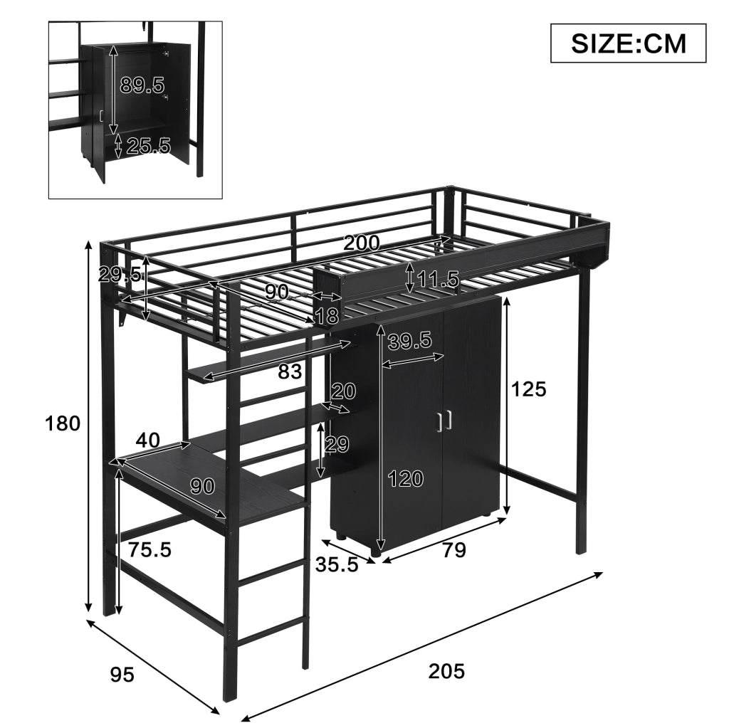 Letto a castello 90x200 cm con tavolo e armadio in metallo e pannello truciolare nero