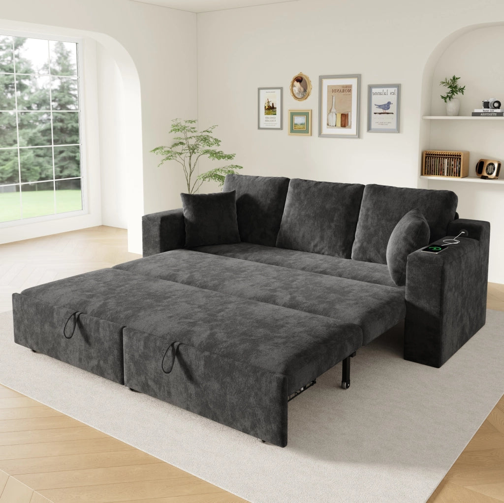 Divano letto 3 posti trasformabile in chenille grigio con struttura in metallo e porta USB