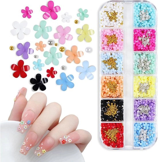 Cambiamento Luminoso 3D Fiorale - Decorazioni per Unghie con Perle d'Oro e Argento - Accessori per Manicure DIY