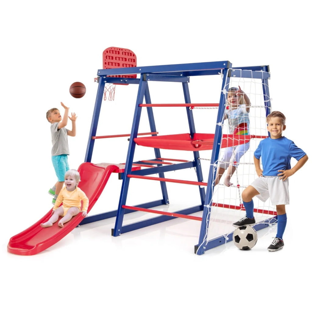 Area giochi interna 7 in 1 150 x 142 x 146 cm perfetta per lo sviluppo fisico e rifinita in metallo rosso e blu 20_0010030