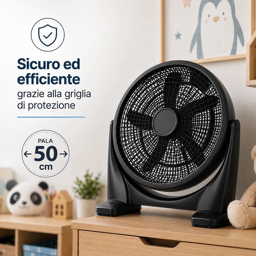 Ventilatore da Pavimento 51 cm Nero Pala 50 cm Base Anti Ribaltamento 3 Velocità