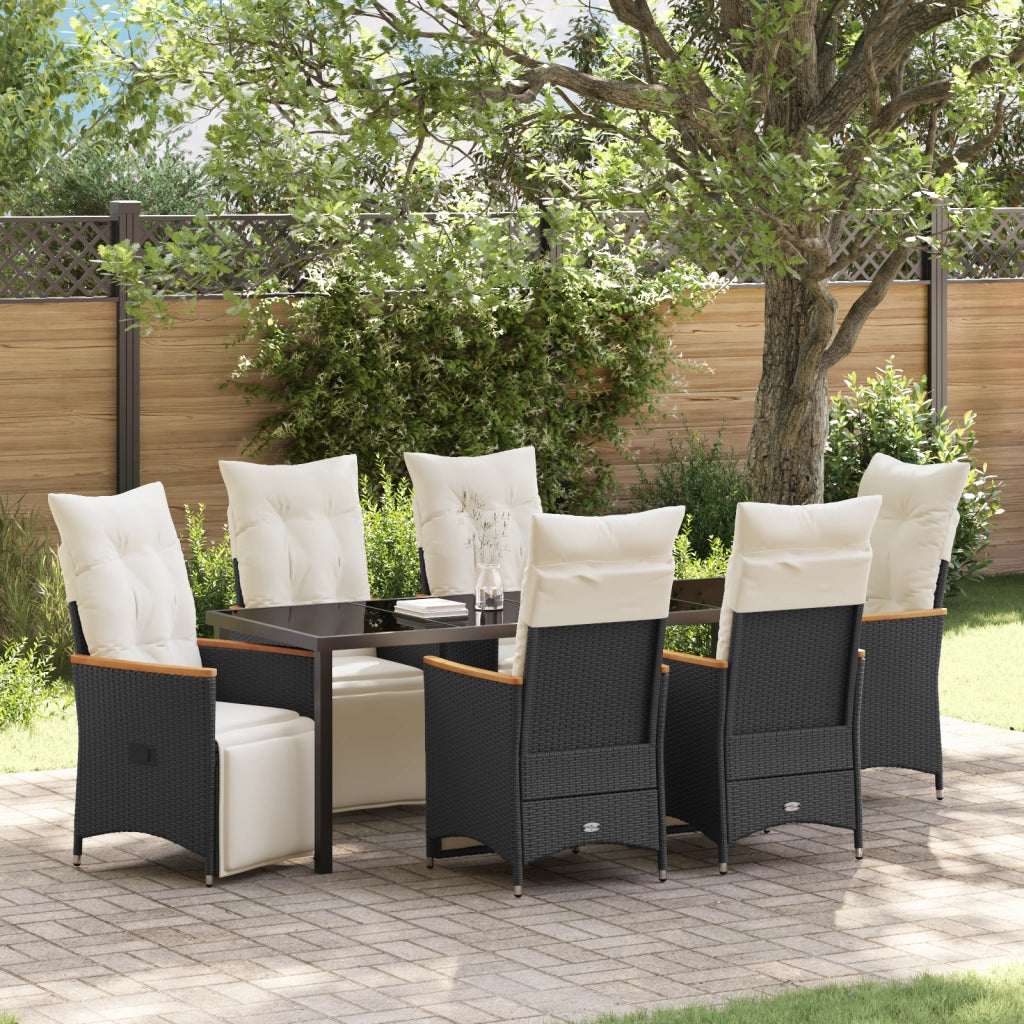 Set da Pranzo da Giardino di 7 Pezzi con Cuscini Neri in Rattan Poliestere