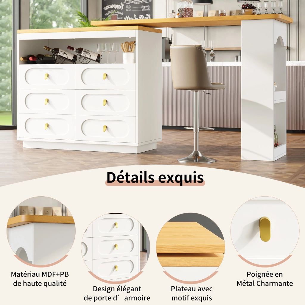 OKWISH Tavolo Bar Allungabile con 6 Cassetti e Ripiano Laterale, Piano Girevole a 360°, per Cucina e Soggiorno 137×39×90 cm