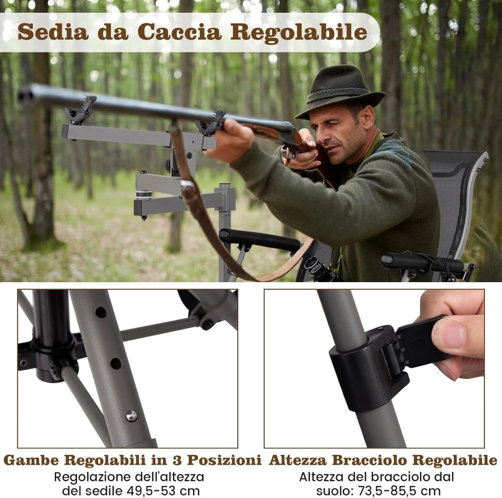 Sedia da Caccia Portatile, Sedia da Tiro con Rotazione a 360°, Poltrona a Caccia Pieghevole con 4 Gambe e Braccioli Regolabili, Supporto per Fucile, Portata 150 kg