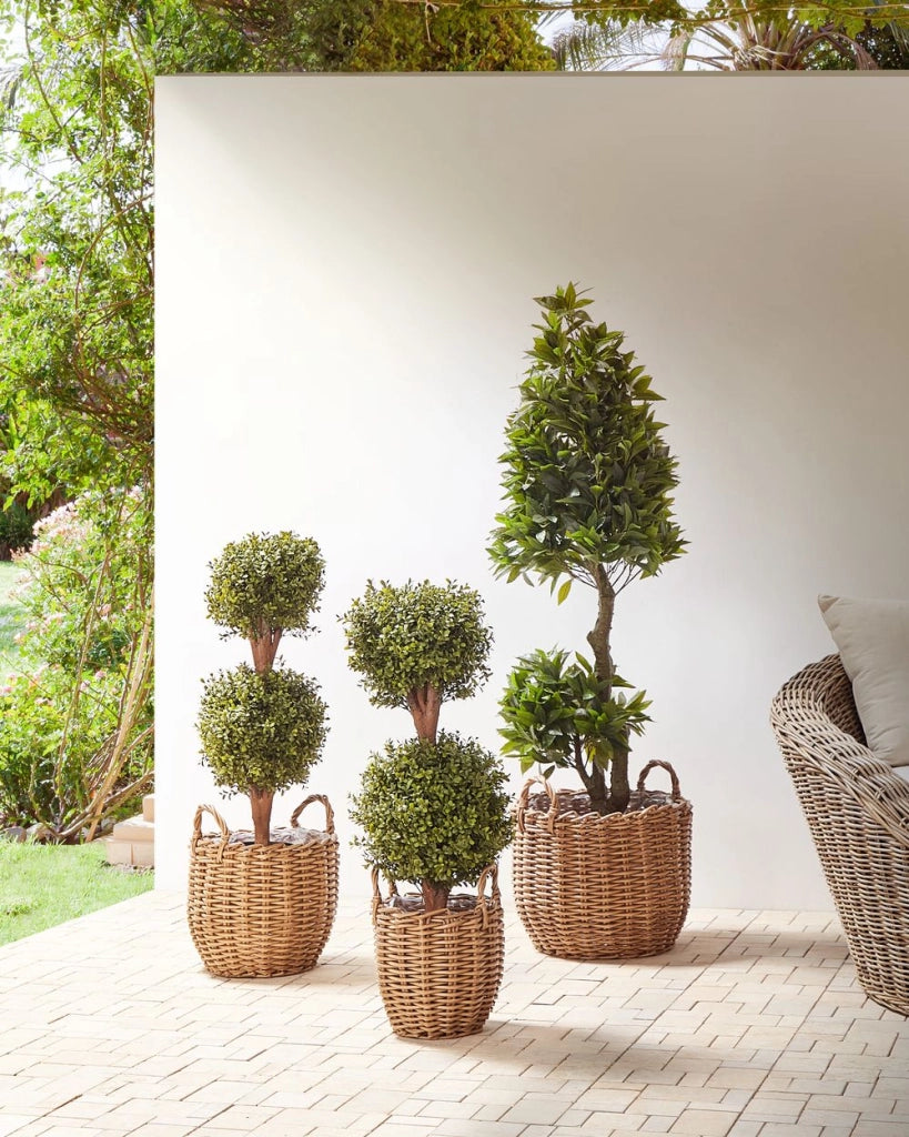 Set di 3 cesti per piante in PE Rattan marrone con manici Intarsio sintetico