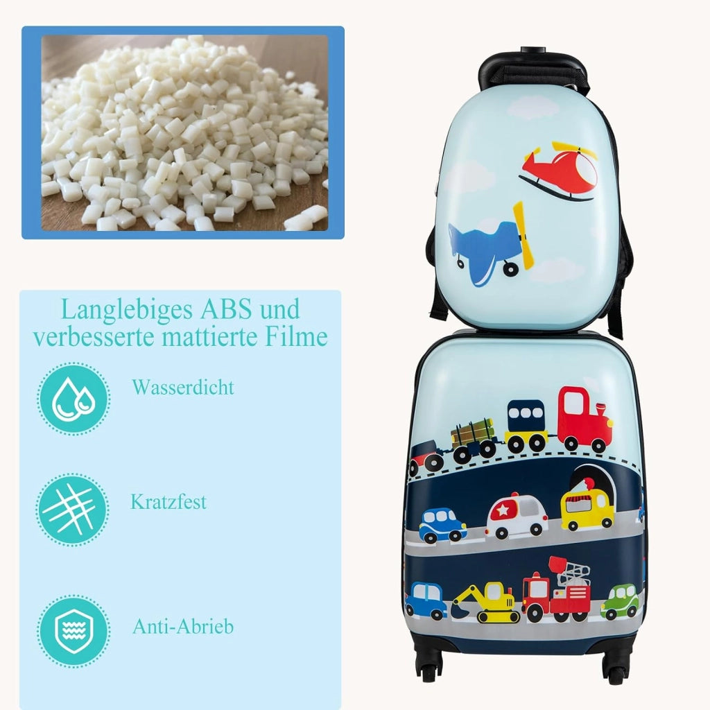 Set di Valigia 16’’ + Zaino 12’’ per Bambini 2 Pezzi, Bagagli 2-in-1 con Zainetto da Viaggio Aereo, Trolley con Maniglia Telescopica e 4 Ruote a 360° (Blu Traffico)