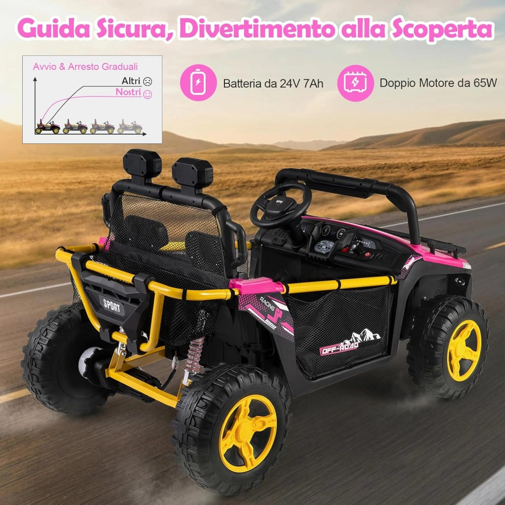 24V Macchina Elettrica per Bambini, Veicolo Elettrico a 2 Posti con Telecomando Clacson Musica Storie Connessione Wireless Luci, 37-86 Mesi (Rosa)