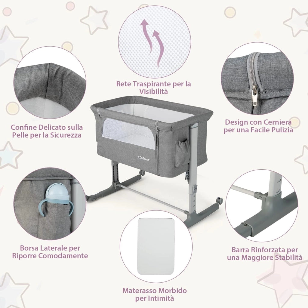 Culla Neonato Fianco Letto 3 in 1, Lettino Dondolo Neonati con Materasso, Culla da Campeggio con Ruote e Borsa, Regolabile In Altezza, Inclinazione di 10°, per Bambini 0-6 Mesi (Grigio)