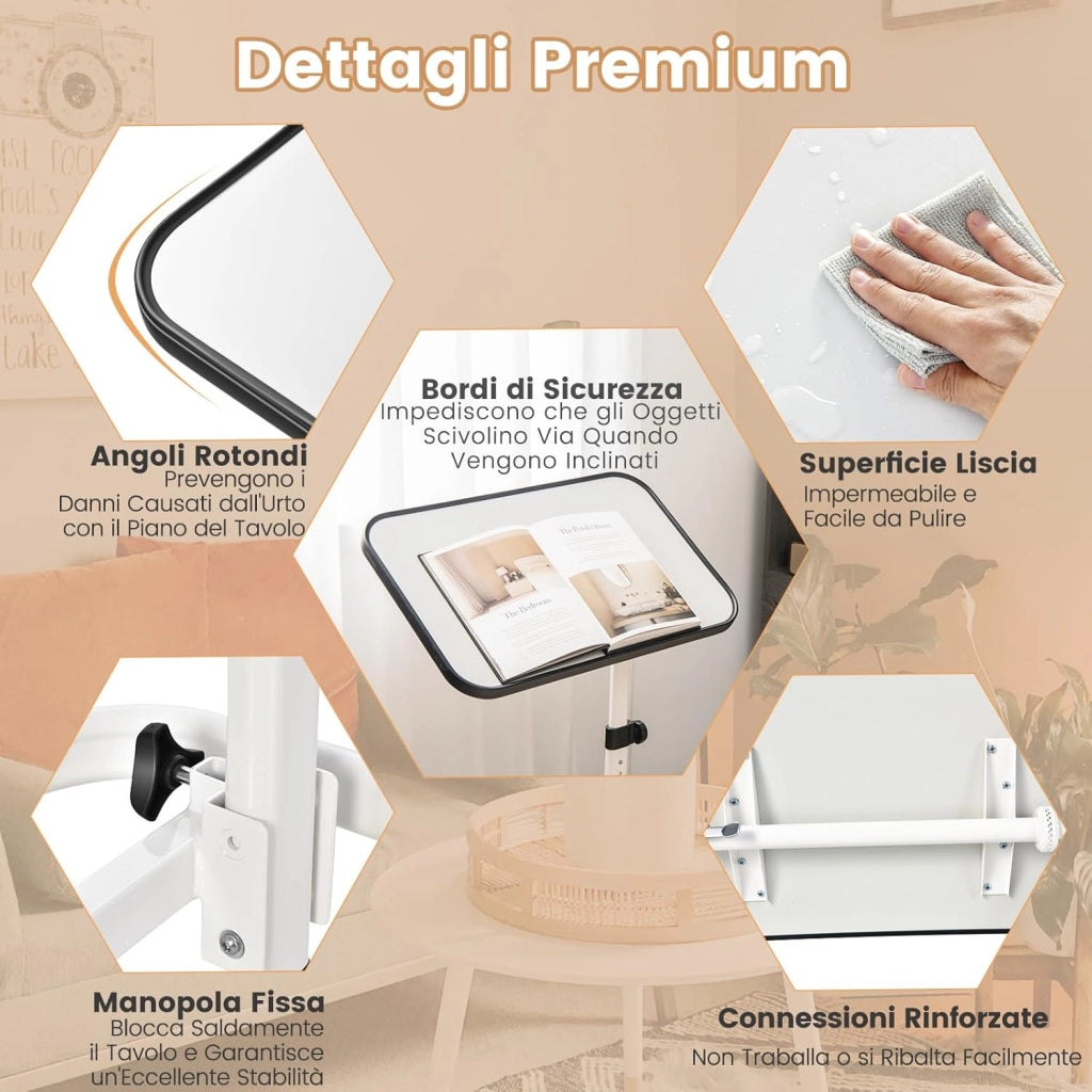 Tavolino da Letto e Divano con Ruote Bloccabili, Tavolino Porta PC con Altezza Regolabile in 9 Posizioni e Piano Inclinabile, Tavolino Servitore Letto per Mangiare e Lavorare (Bianco)