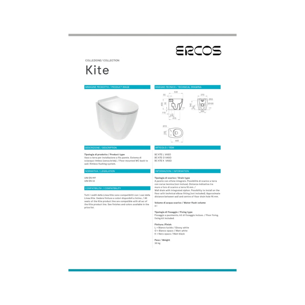 Coppia Di Sanitari Con Copriwater Ercos Da Terra Filo Muro Senza Brida Bianco Lucido "Kite"