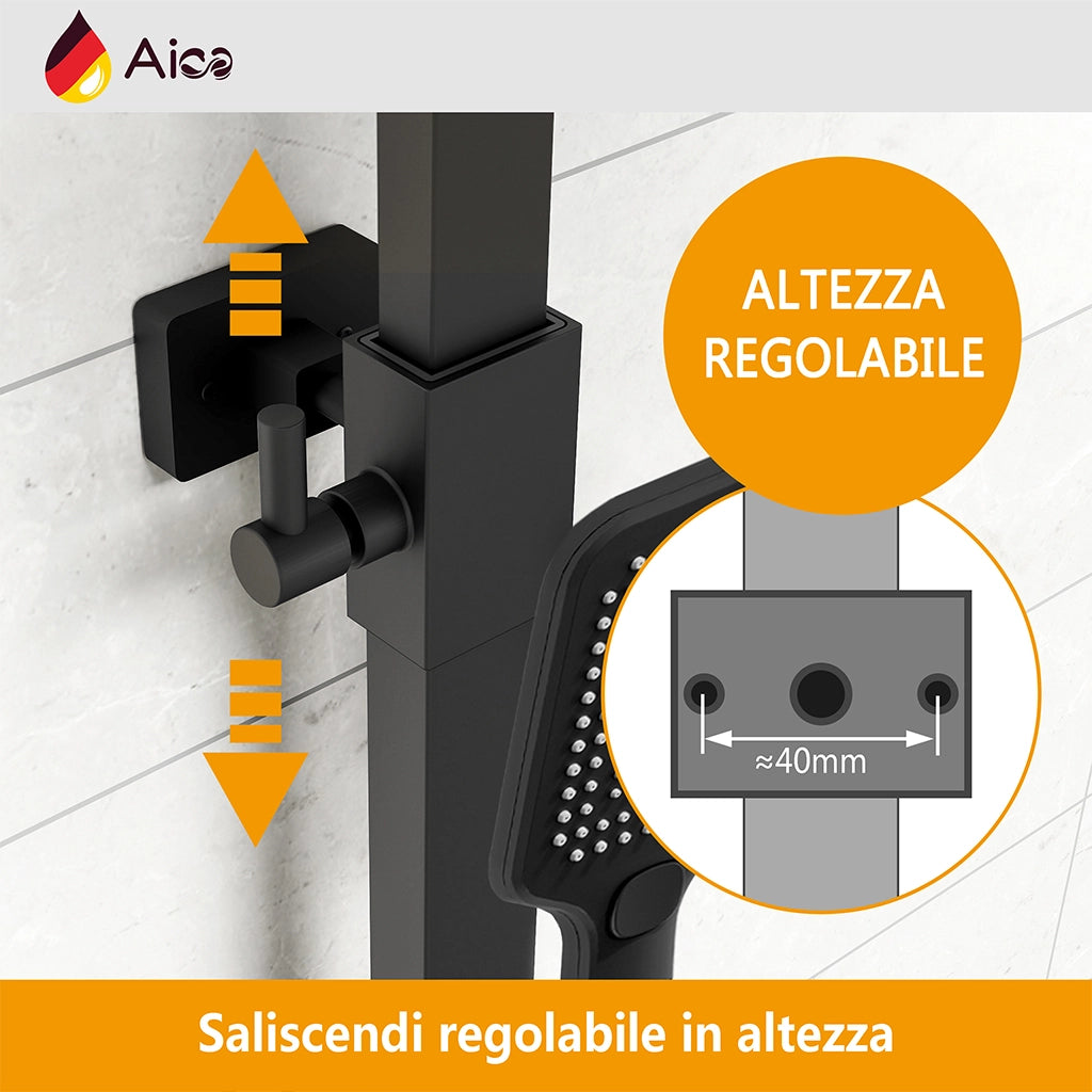 Colonna doccia quadrata completo di miscelatore termostatico rettangolo, soffione quadrato 30x30cm, nero