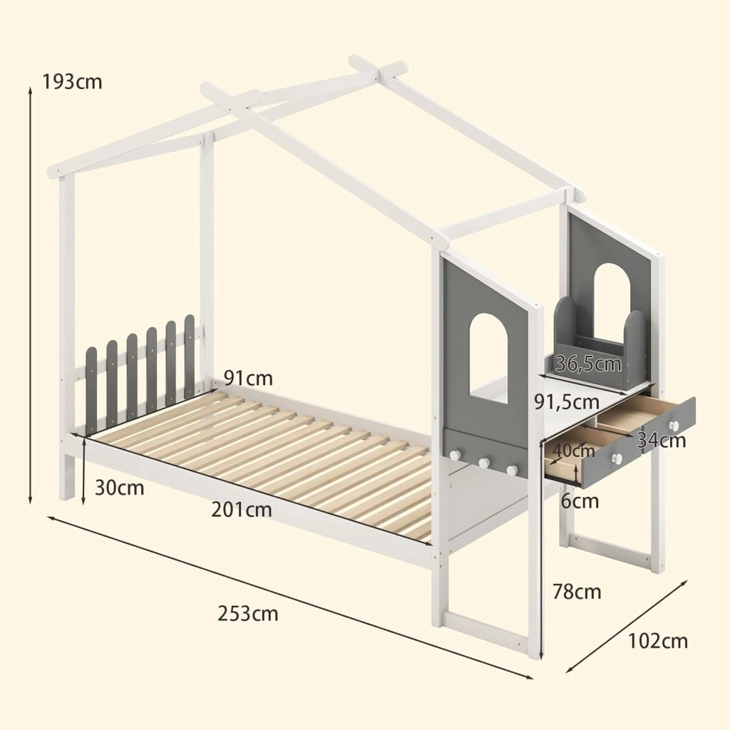 Letto Matrimoniale/Singolo con Scrivania, Letto Piattaforma in Legno con Testiera a Staccionata Ganci e Cassetti, 200x140/200x90 cm, Carico 320/150kg (200x90 cm)