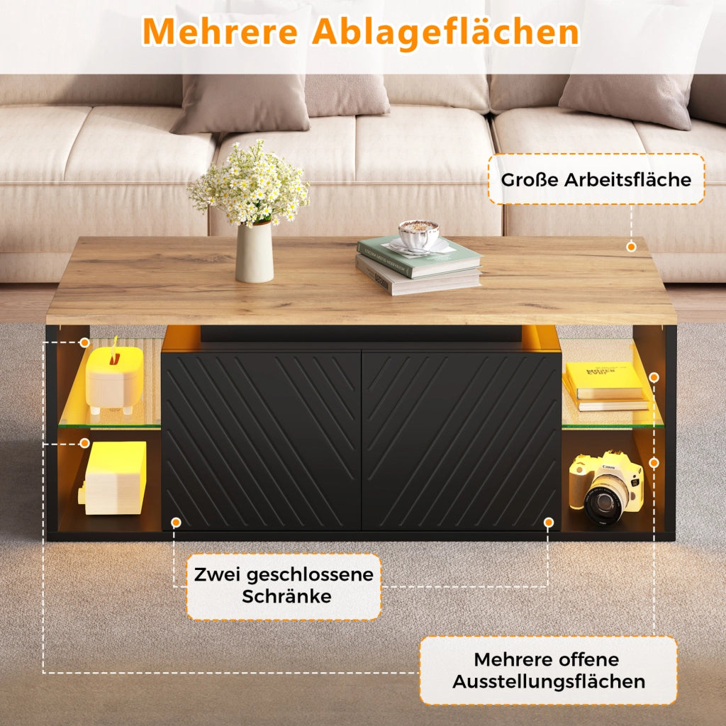 TAVOLINO da caffè 100x50x41 cm Nero con LED e ripiani semiaperti